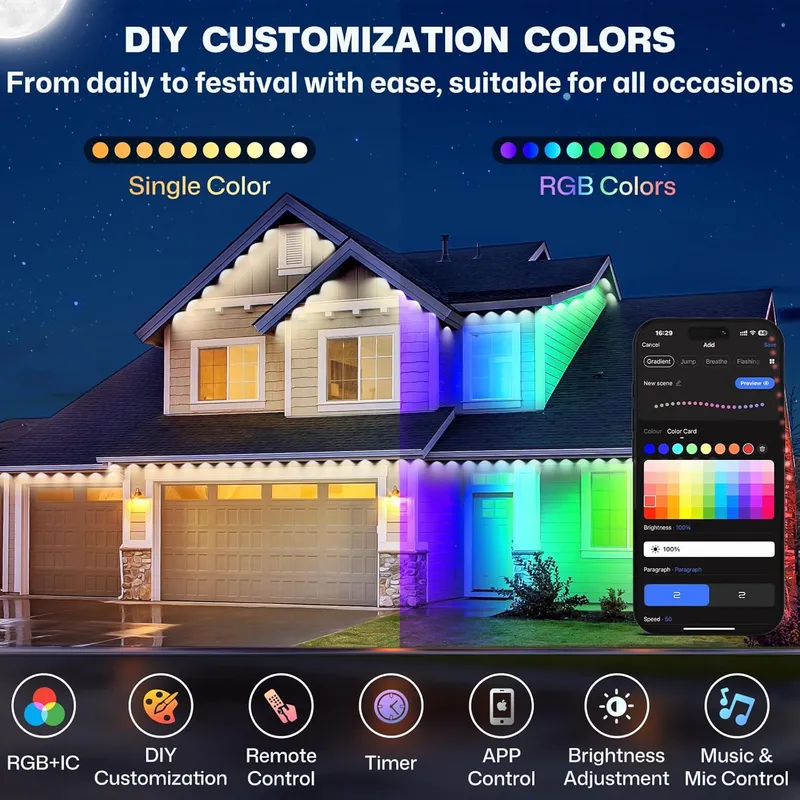 LANDRHYTHM 100 FT Permanent Outdoor Lights RGB+IC Light for House